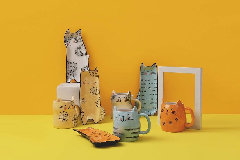 Cartoon Cat Handcrafted Stoneware Ceramic 8 inch Appetizer Plates Set of 4