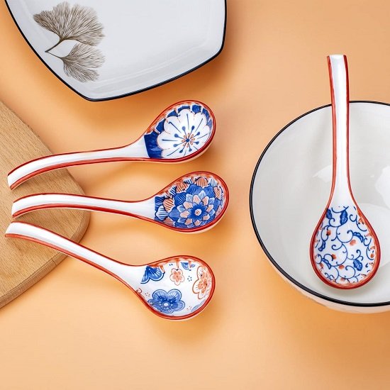 Ceramic Soup Spoons  - Soup Spoons with Long Curved Handle for Ramen Noodles,Dumpling,Rice(4 Pcs)