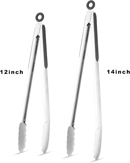 304 Stainless Steel Kitchen Cooking Tongs, 12" and 14" Set of 2 Strong BBQ Brushed Locking Food Tongs, Black