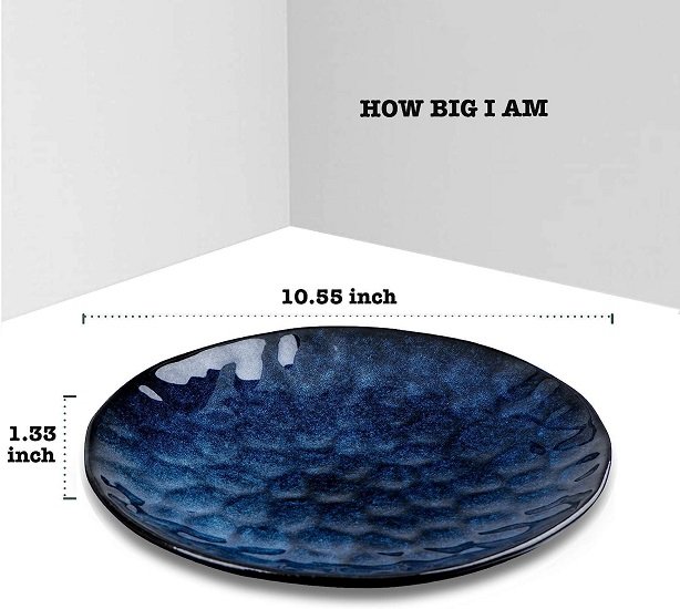 Ceramic Dinner Plate Set, 10.5 Inch, 6-Piece, Round, Microwave, Oven, Dishwasher Safe, For Steak, Pasta, Pizza, Home, Party, Restaurant (Blue)