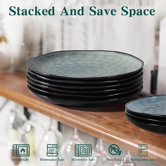 Ceramic Green Dinner Plate Set of 6, 11.4 Inch Stoneware Large Luxury Dinnerware Porcelain, Safe for Kitchen, Oven, Dishwasher, Microwave, Scratch Resistant