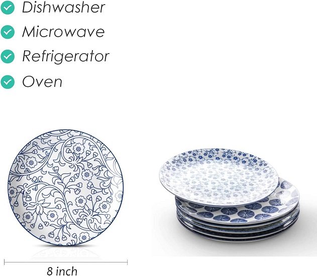 8 inch Porcelain Dinner Plates, Large Size Serving Plate for Salad, Pancakes, Steak, Set of 6, Vintage Blue
