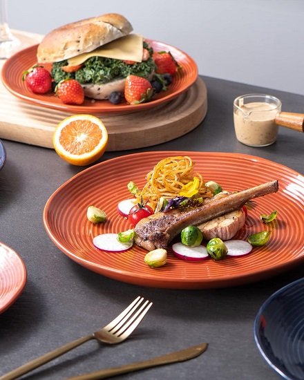 Ceramic Dinner Plates 11 Inch - Large Serving Dishes Set of 4 for Steak, Pasta - Stoneware Dinnerware Sets Scratch Resistant, Brown