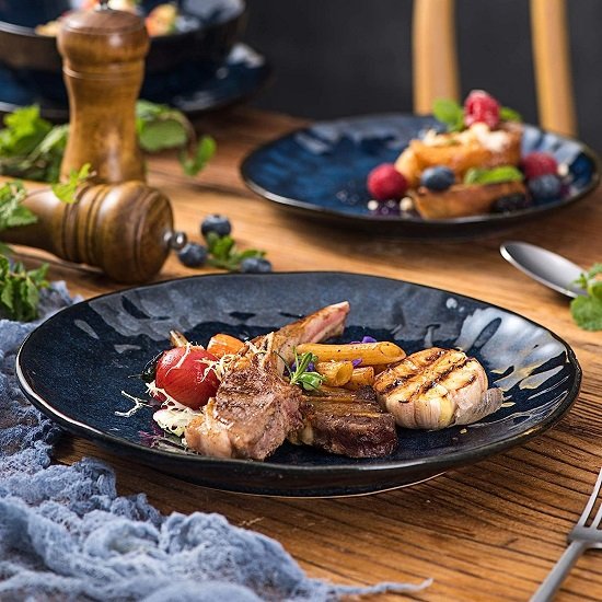 Ceramic Dinner Plate Set, 10.5 Inch, 6-Piece, Round, Microwave, Oven, Dishwasher Safe, For Steak, Pasta, Pizza, Home, Party, Restaurant (Blue)