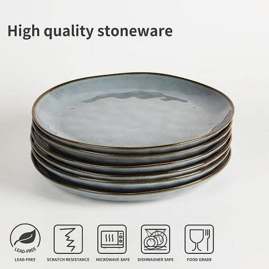 Dinner Plates Set of 6, 10.25 inch Pasta Plate, Ocean Round Stoneware Dessert Plates Dish Set for Kitchen, Reactive Glaze, Microwave Dishwasher Safe, Scratch Resistant, Blue