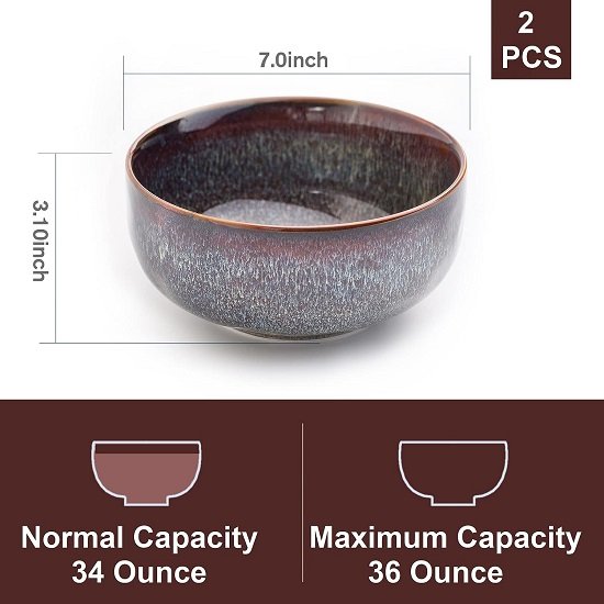 36 oz Bowl Set - Set of 2 Ceramic Bowls 7" Salad Bowls - Soup Bowls - Kitchen Grain Bowls