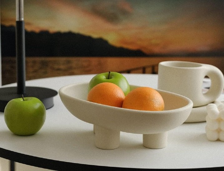 Three-Legs Ceramic Fruit Bowl for Kitchen Counter, Decorative Bowl for Table Décor, 10-inch Oval Large Bowls for Breads, Matte Crème