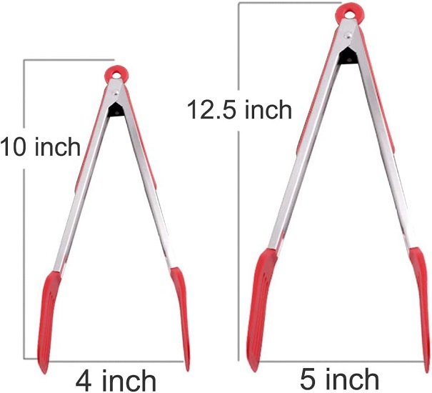 Cooking Tongs 9 inches and 12 inches Stainless Steel Kitchen Silicone Serving Tongs Heat Resistant Meat Turner Spatula Tongs Fish Tongs with Locking Handle Joint (Red)