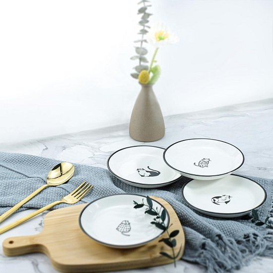 Cute Cartoon Gentleman and Dot Cat Ceramic Seasoning Dishes Sauce Dish Sushi Dipping Bowl Appetizer Plates Tea Bag Holder Serving Dish for Kitchen 5 Inch, Set of 4